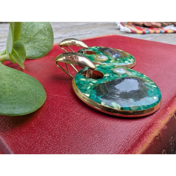 Vintage Chunky Green Earrings, Beachy Shell Earrings - Picture 2 of 16